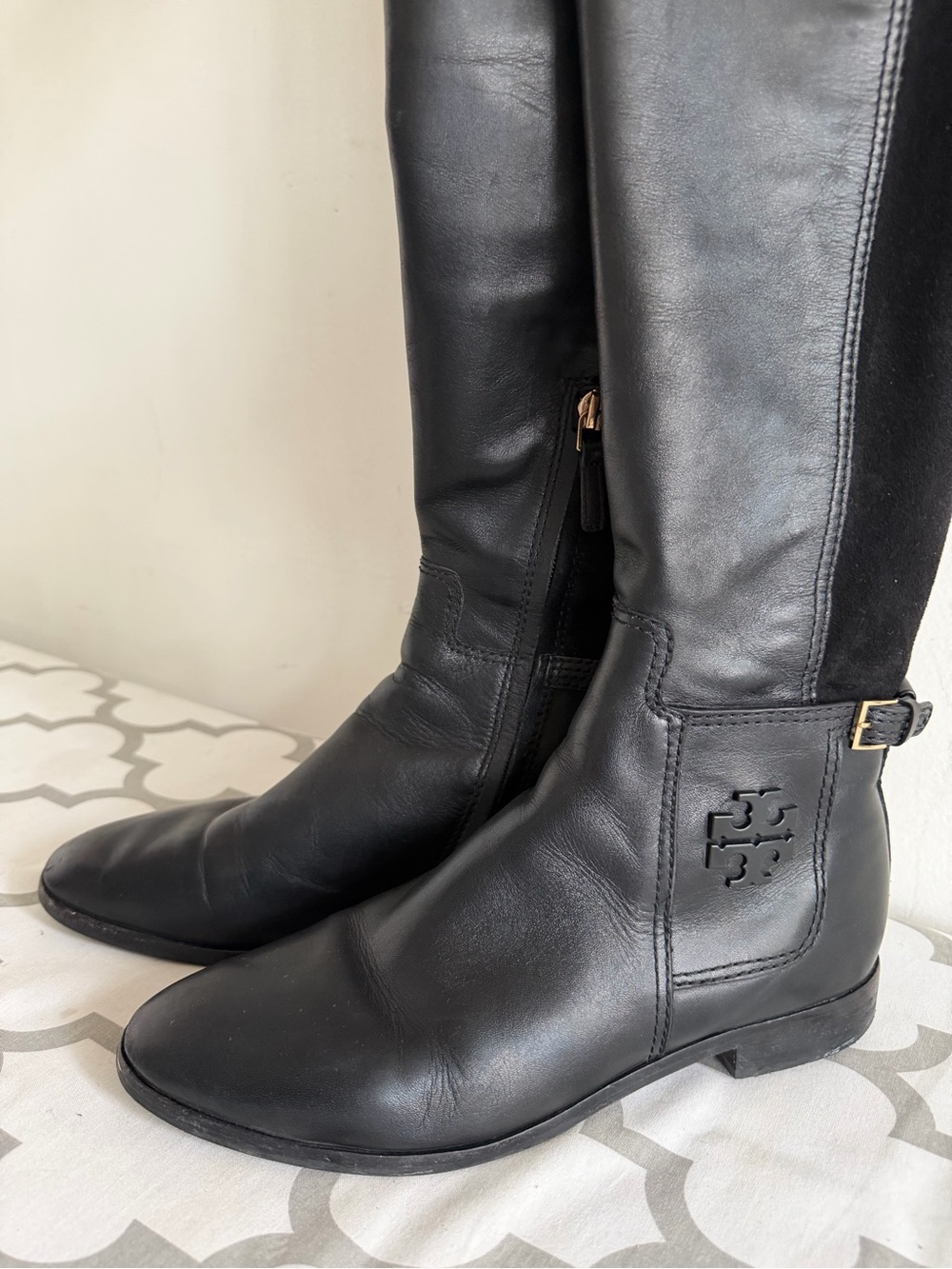 Tory Burch Black Leather Knee Boots with Logo Detail